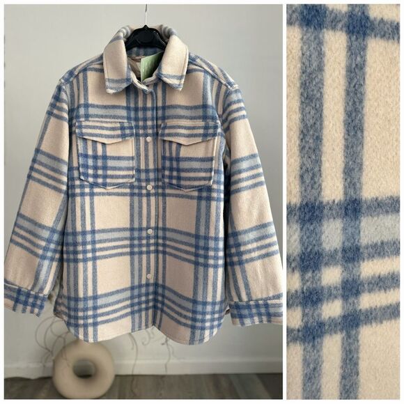 H&M Jackets & Blazers - NWT H&M Plaid Shacket Jacket Beige Blue Side And Front Pockets Lined M L XL